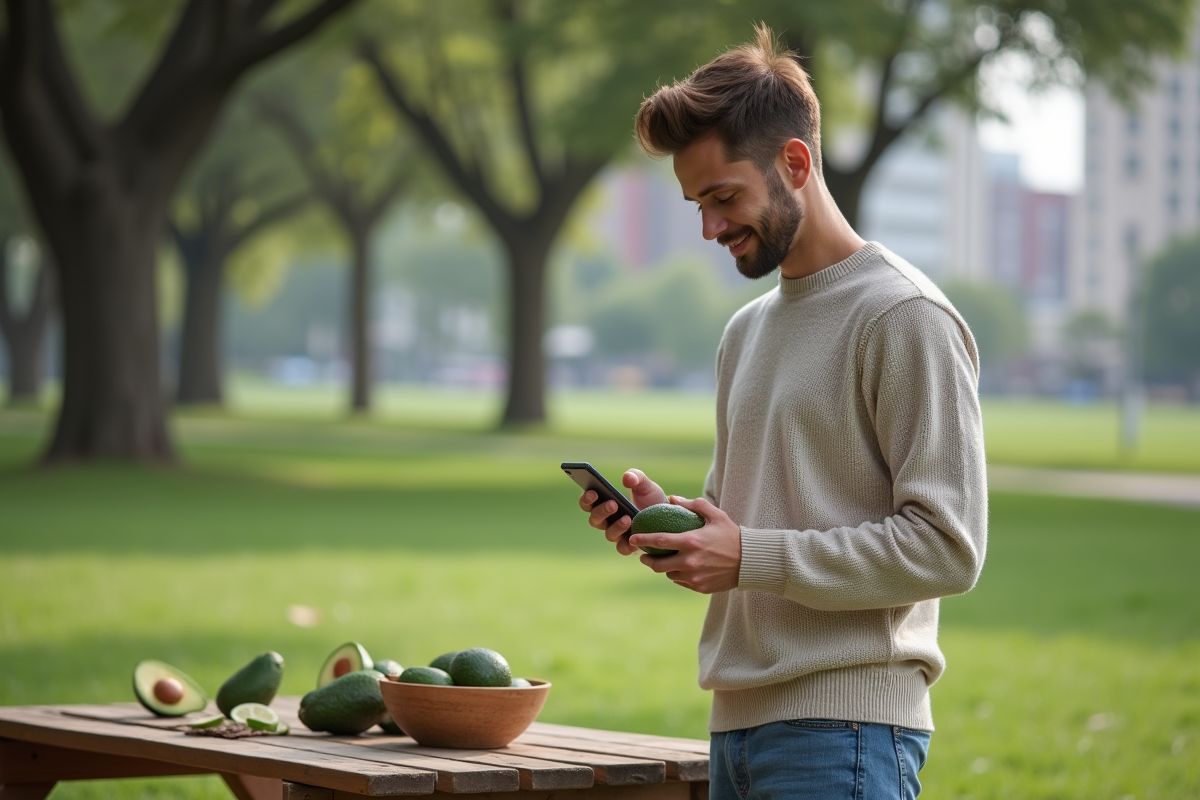 Jeune homme dehors tenant un avocat en regardant son smartphone