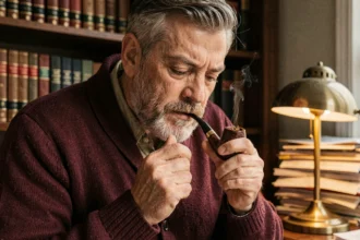 Homme d'âge mûr remplissant une pipe en bruyère avec un mélange de tabac dans un bureau chaleureux aux bibliothèques en bois sombre