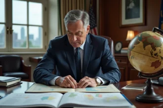 Homme d'âge moyen en costume bleu contemplant un globe dans un bureau élégant