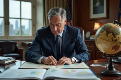 Homme d'âge moyen en costume bleu contemplant un globe dans un bureau élégant