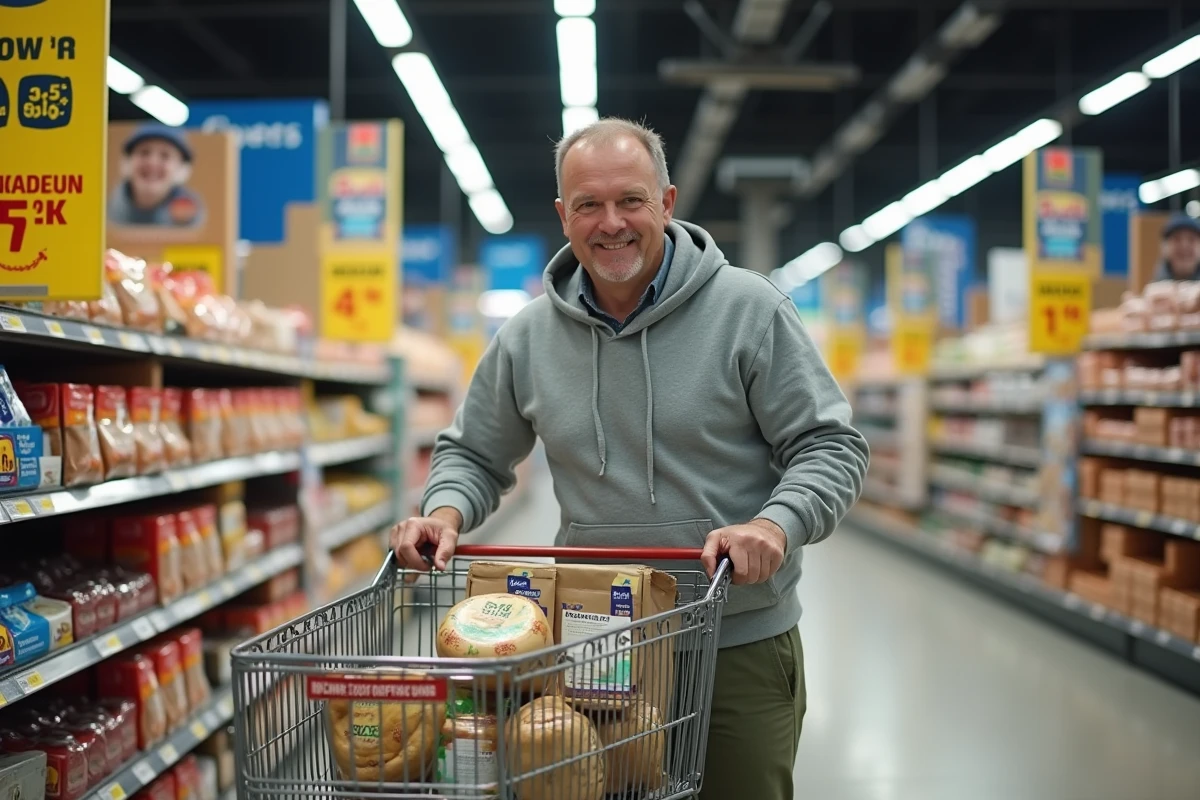 Homme déposant des produits en promotion Lidl dans son chariot de courses pour réduire sa facture