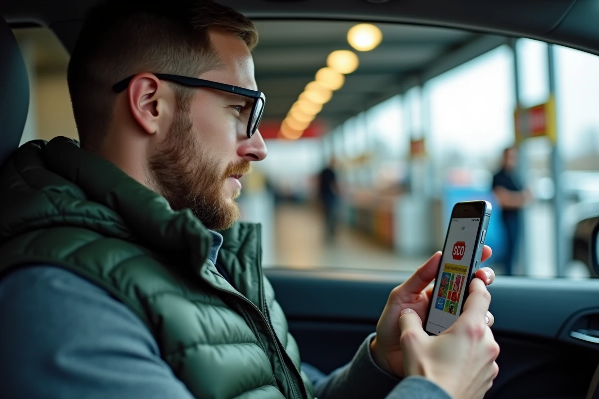 Homme consultant les promotions Leclerc Drive sur smartphone depuis sa voiture au point de retrait
