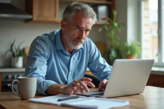 Homme d'âge moyen cherchant un numéro sur son ordinateur