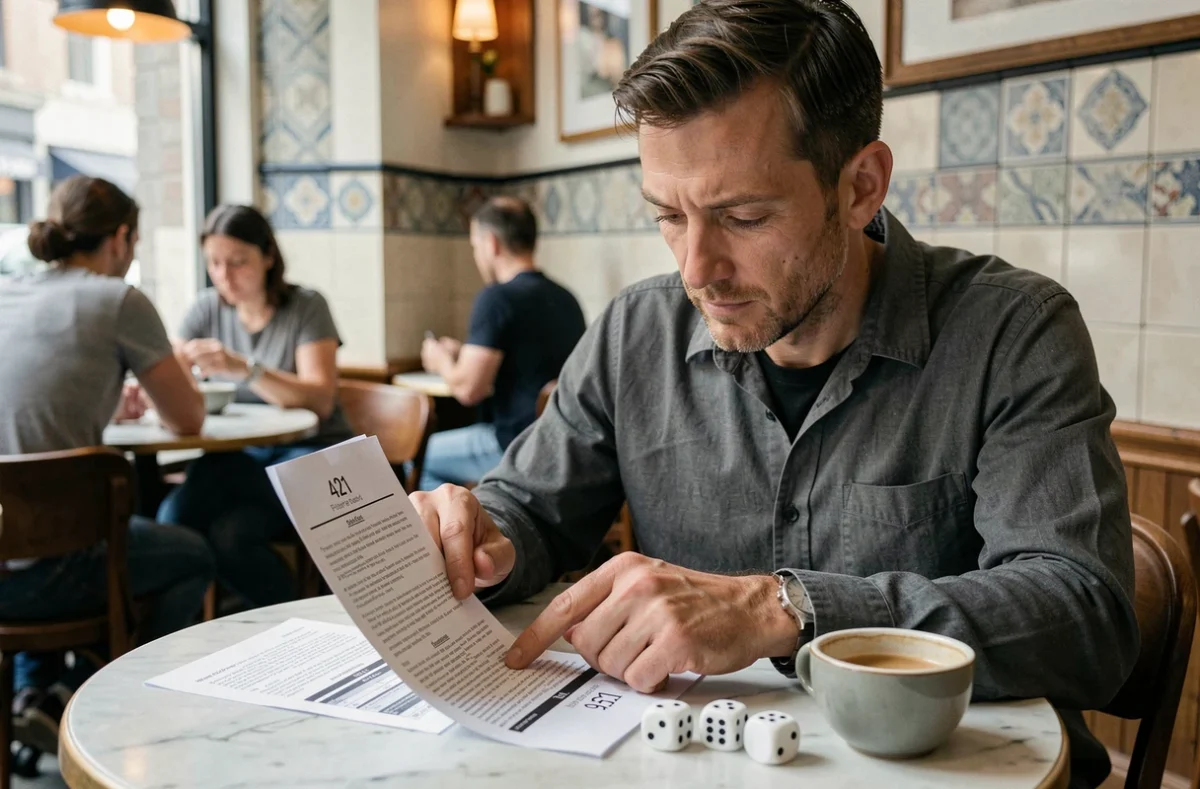 Homme étudiant les règles du 421 sur un PDF imprimé dans un café avec des dés posés sur la table