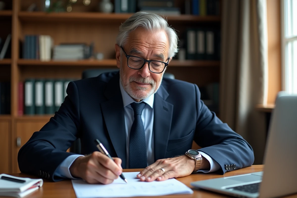 Homme d'âge moyen signant un document dans un bureau professionnel