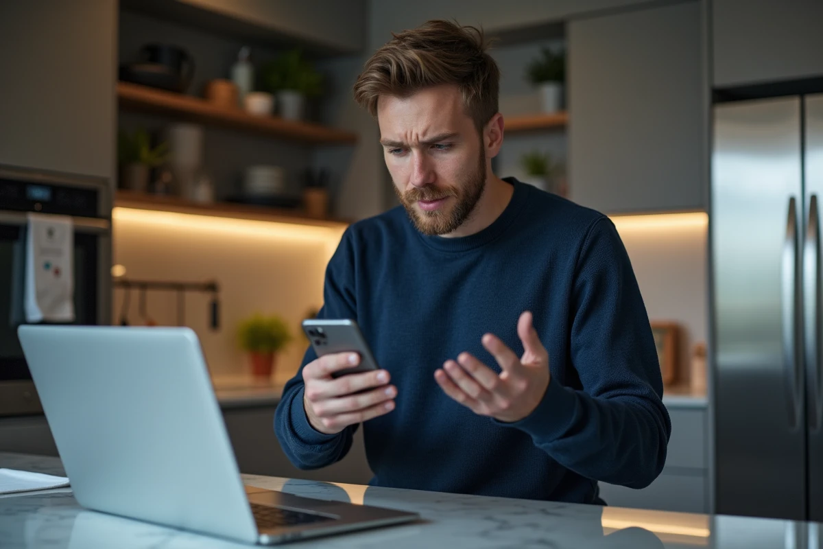 Homme regardant son smartphone avec inquiétude face à une offre expirée lors du Cyber Monday