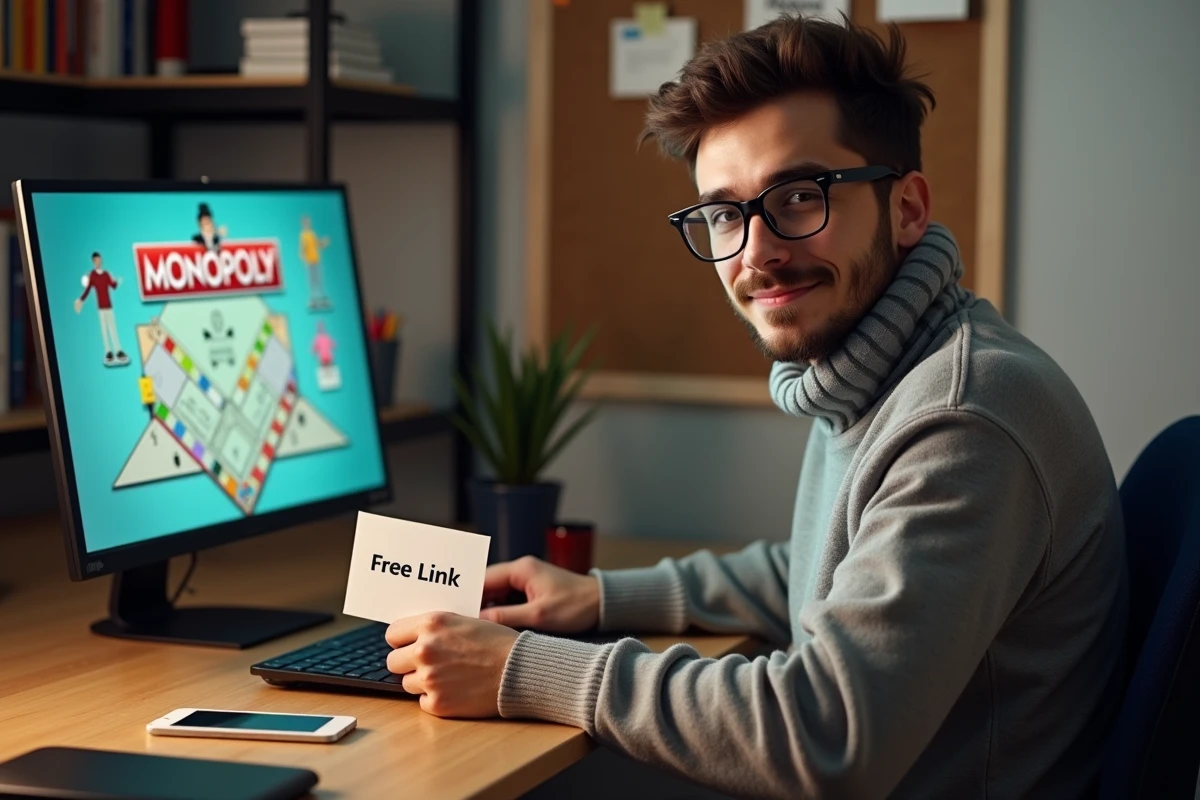 Homme concentré jouant en ligne à Monopoly sur son ordinateur