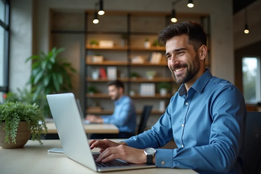 Homme en chemise bleue travaillant sur un ordinateur dans un espace coworking