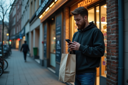 Homme urbain en hoodie vérifiant son téléphone devant une épicerie