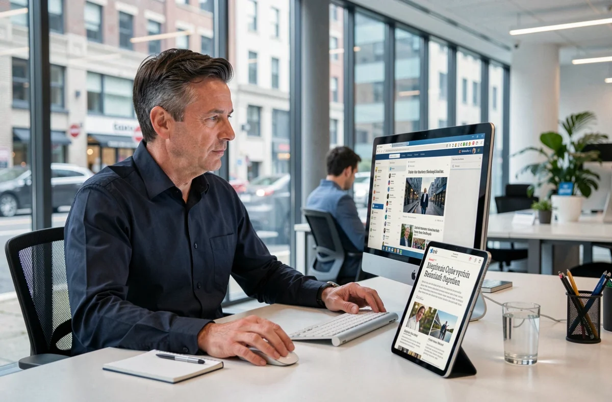 Homme en open space consultant des flux d'actualités sur un grand écran de bureau et une tablette pour sa veille informationnelle