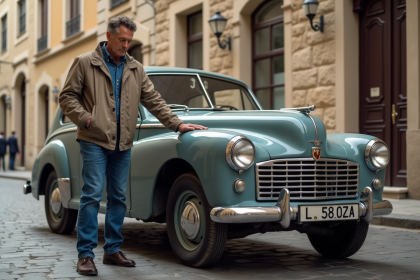 Homme d'âge moyen touchant une voiture ancienne en ville