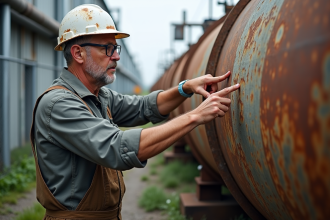 Ingénieur en overalls pointant corrosion sur réservoirs d'hydrogène