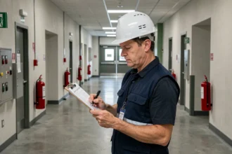 Inspecteur de sécurité effectuant un contrôle de conformité type R dans le couloir d'un ERP avec extincteurs et signalétique de sécurité