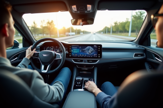 Intérieur moderne d'une voiture autonome avec tableau digital