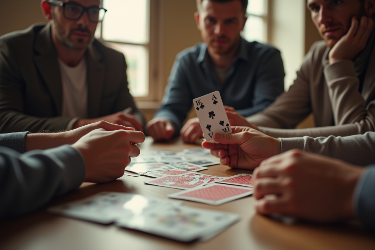 Quatre personnes jouent à un jeu de cartes traditionnel en lumière naturelle