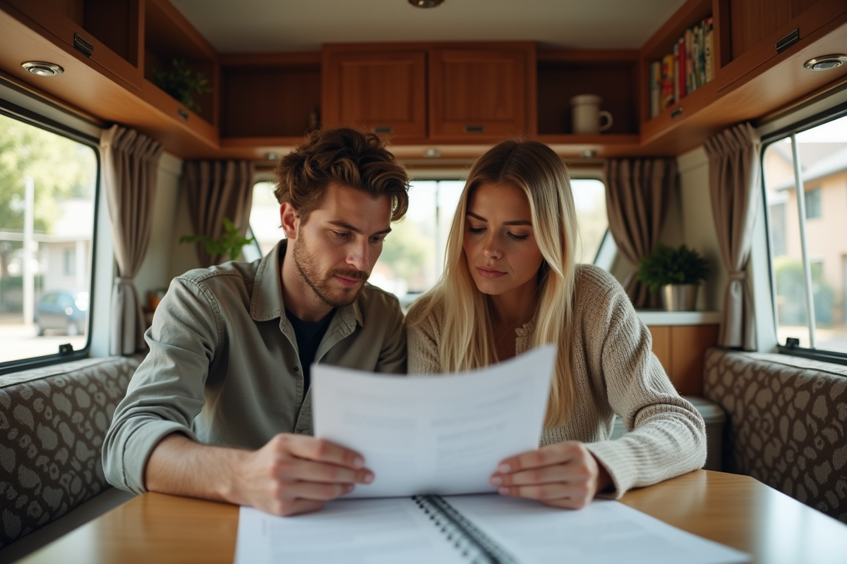 Jeune couple dans une caravane vintage rénovée à l