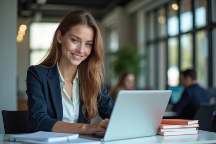 Jeune femme au bureau en tenue smartcasual souriante