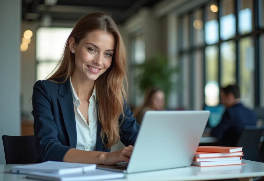 Jeune femme au bureau en tenue smartcasual souriante