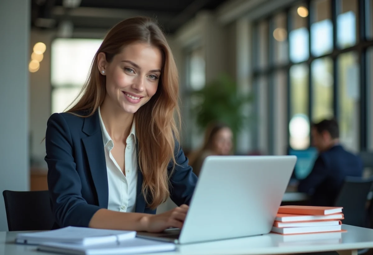 Jeune femme au bureau en tenue smartcasual souriante