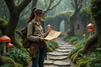 Jeune femme explorant une carte dans une forêt magique