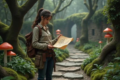 Jeune femme explorant une carte dans une forêt magique