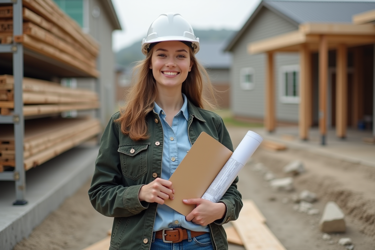 Jeune femme artisan sur un chantier avec plans et assurance