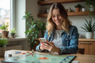 Jeune femme souriante jouant à Monopoly dans une cuisine lumineuse