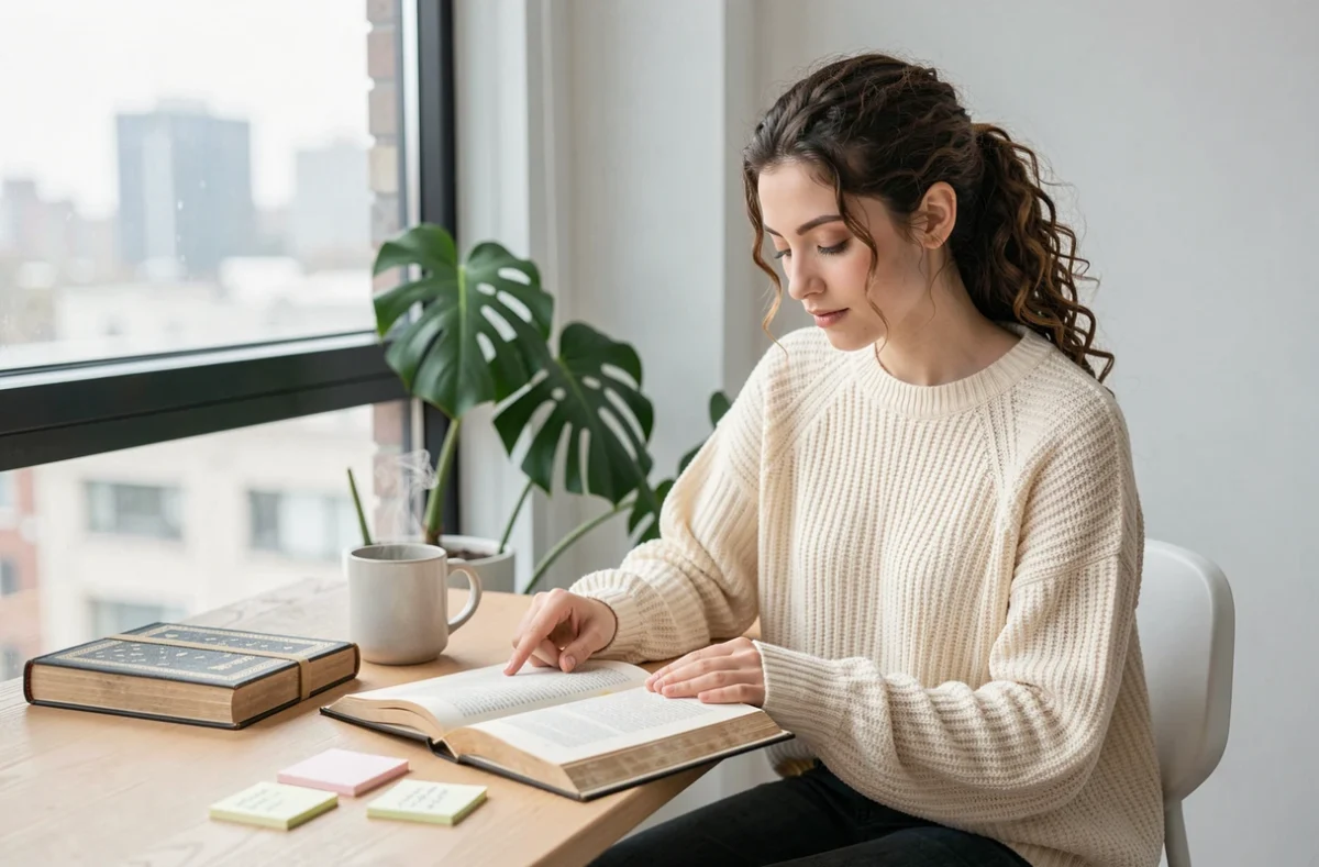 Jeune femme lisant un livre spirituel à son bureau dans un appartement moderne, exploration personnelle des textes sacrés