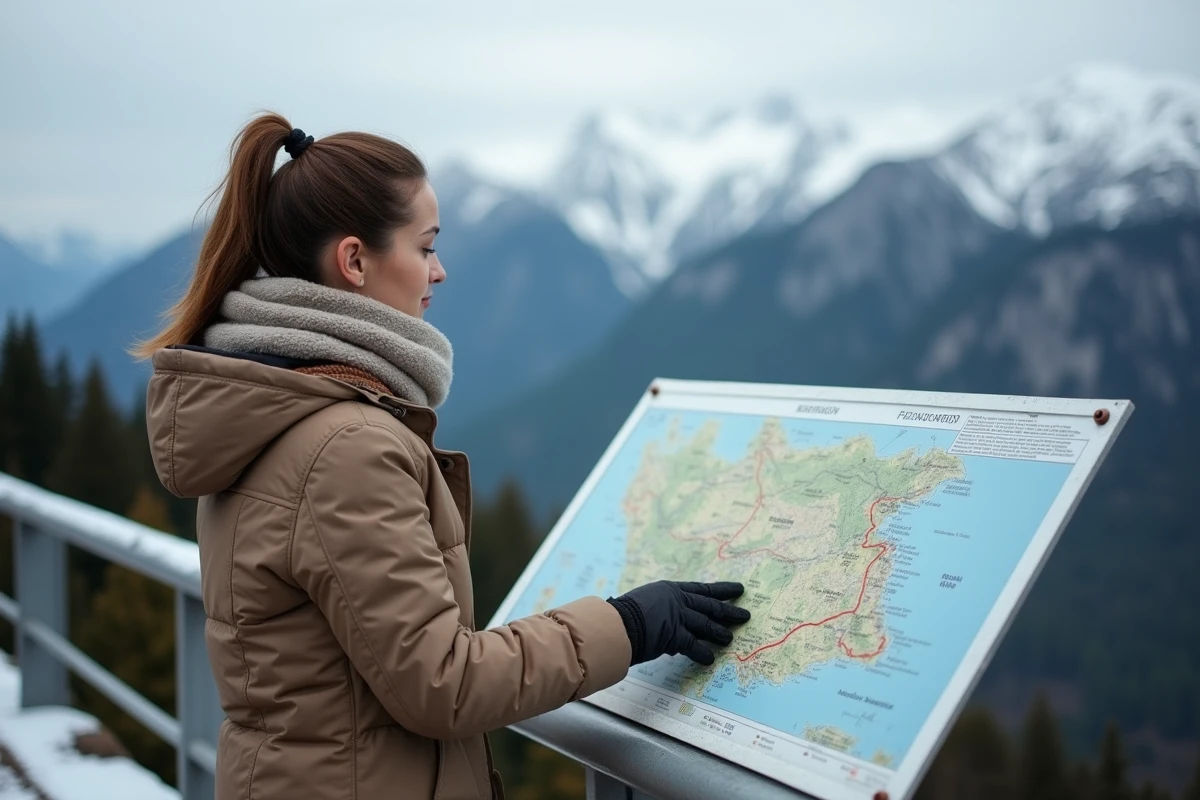 Jeune femme regardant une carte murale en plein air avec paysage forestier