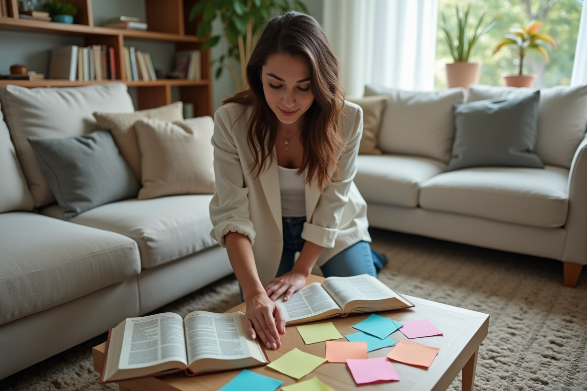Jeune femme en train de trier des notes près de la Bible dans le salon