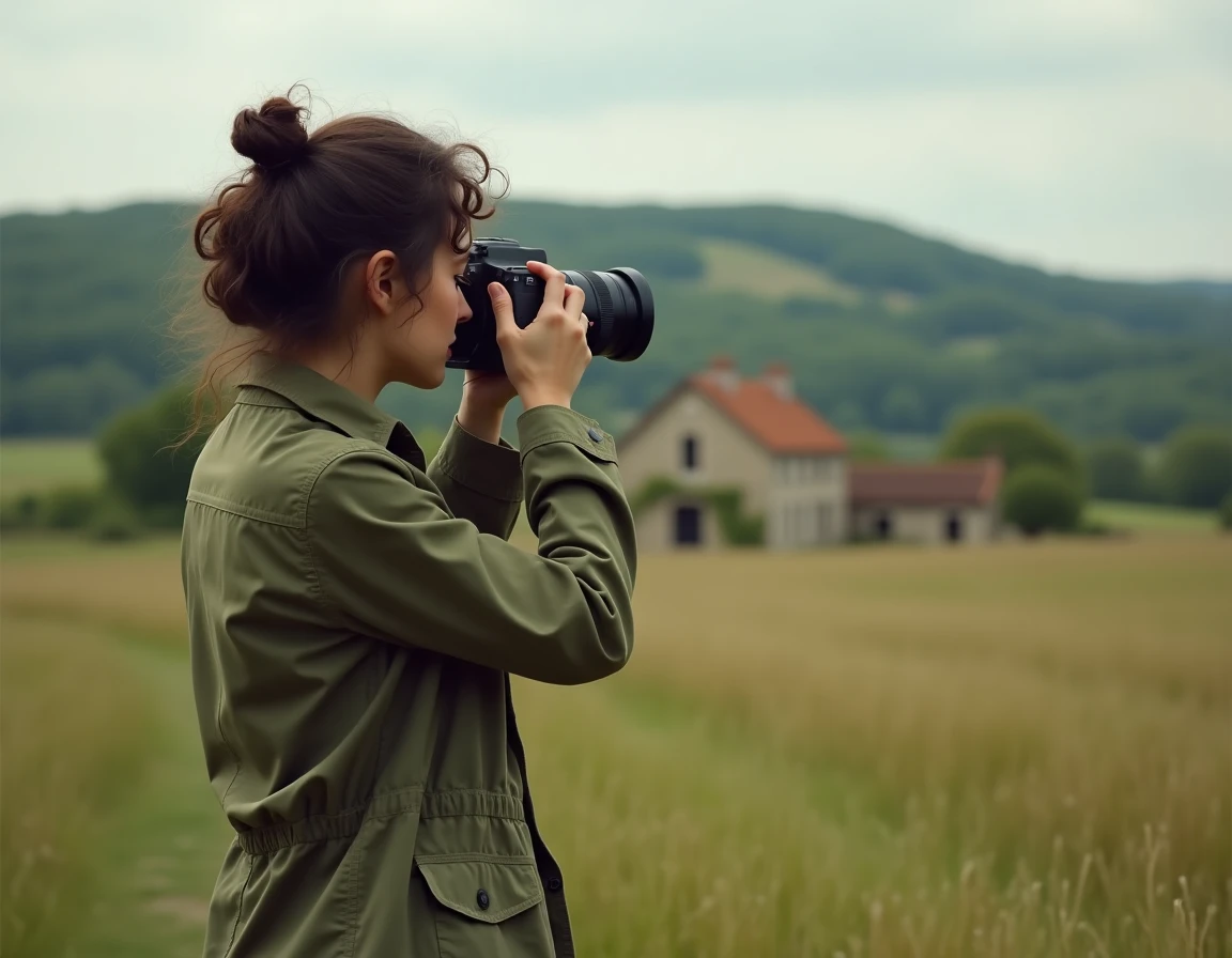 Jeune femme photographe en veste kaki photographiant un paysage de campagne française avec des collines verdoyantes et une ferme en pierre en arrière-plan