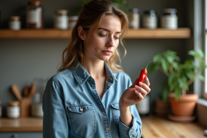 Jeune femme en denim examine un piment rouge dans une cuisine chaleureuse