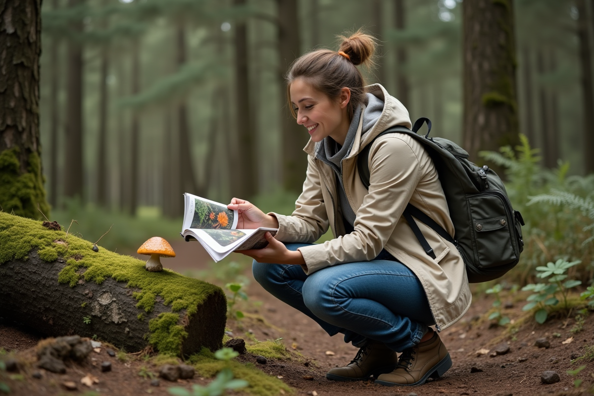 Jeune femme examinant un boletus dans la forêt dense