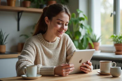 Jeune femme souriante avec un tablette reconditionnee dans la cuisine
