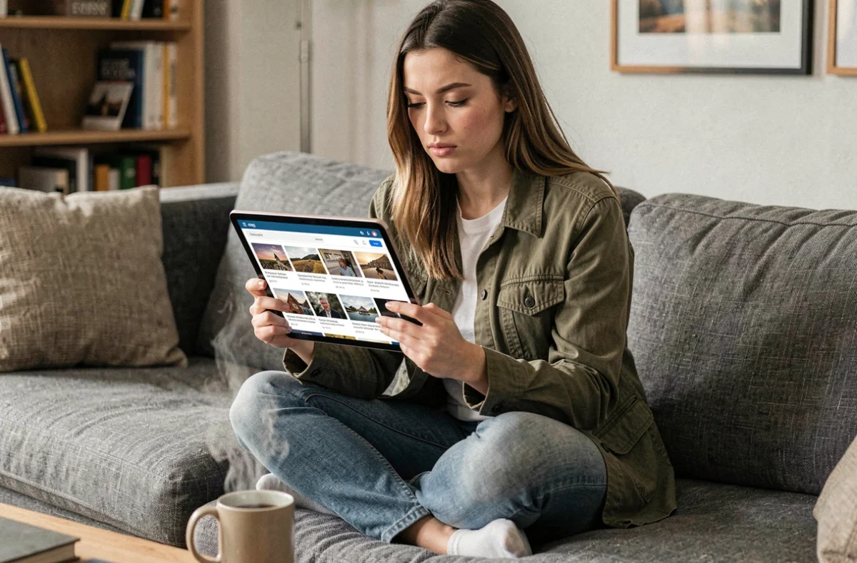 Jeune femme lisant des articles sur une tablette via une plateforme de veille d'information dans un salon cosy