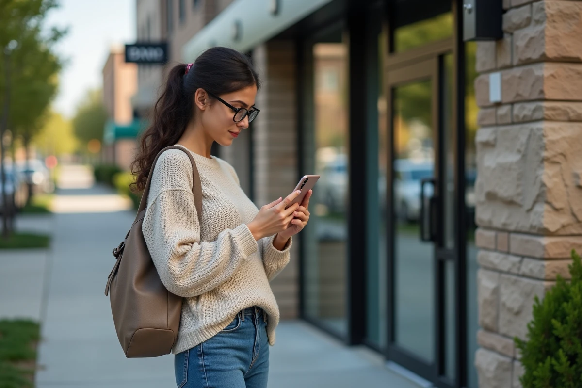 Jeune femme vérifie les taux hypothécaires sur son smartphone devant une banque