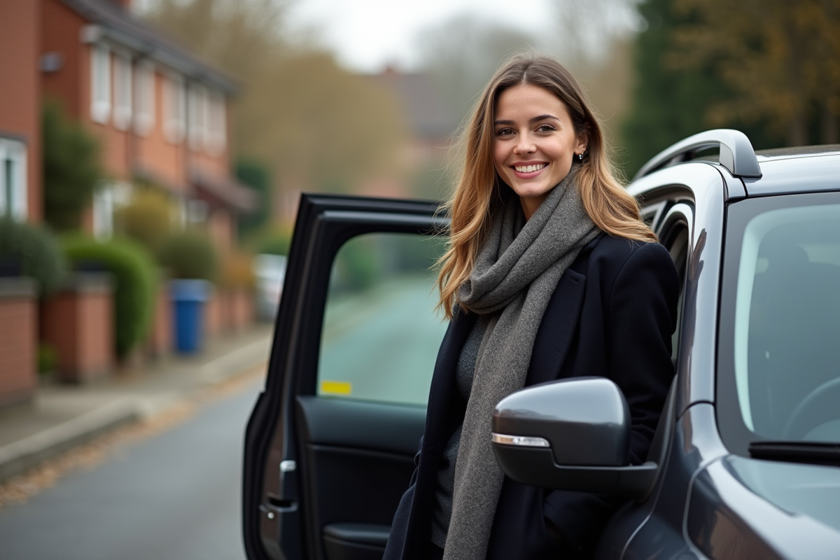 Jeune femme souriante appuyée sur une voiture moderne