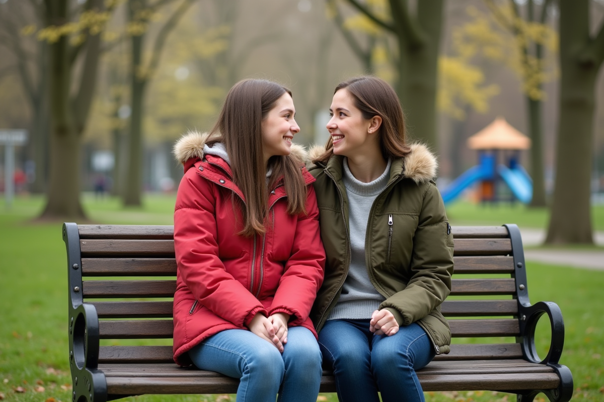 Jeune fille et sa belle-mère discutant dans un parc