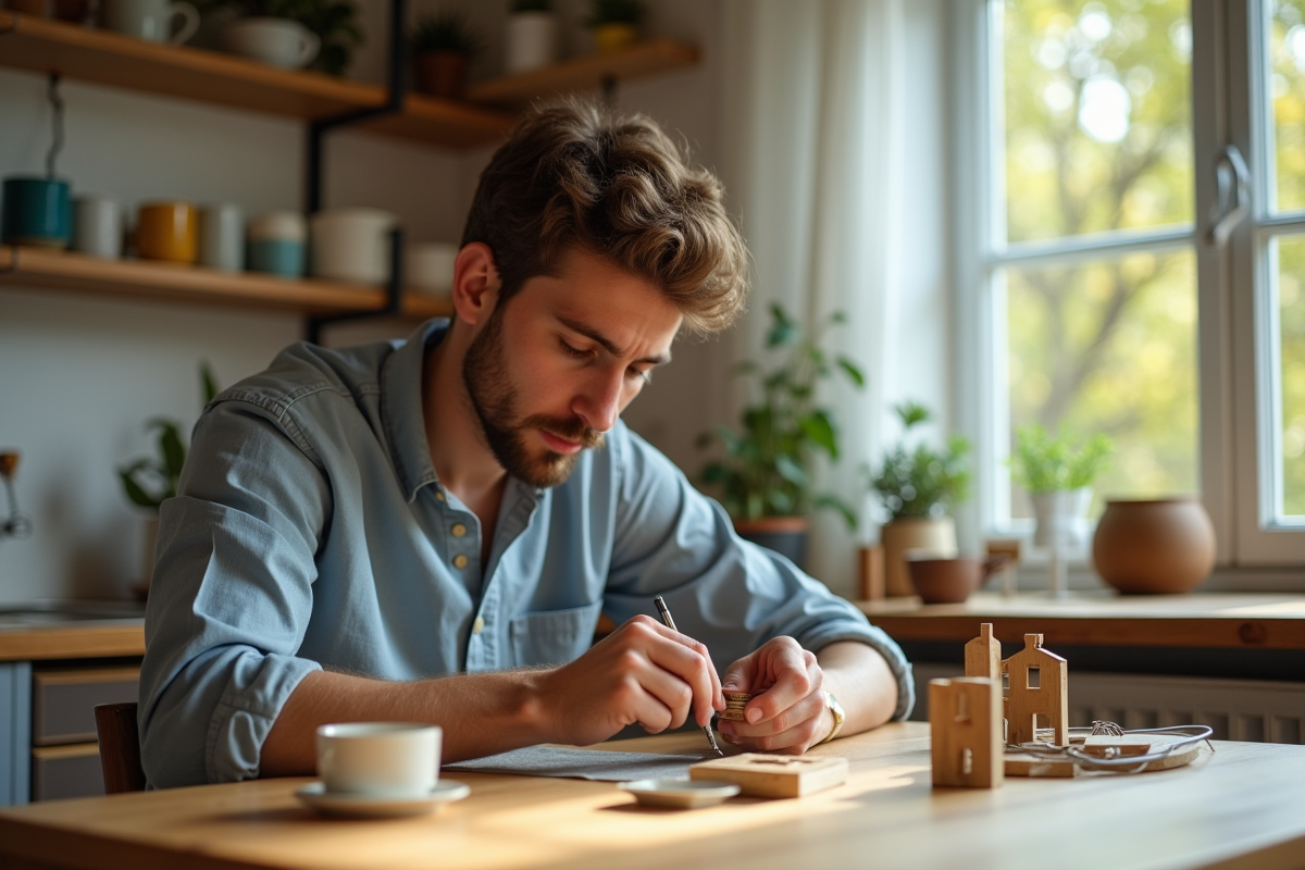 Jeune homme assemble un kit model dans une cuisine lumineuse