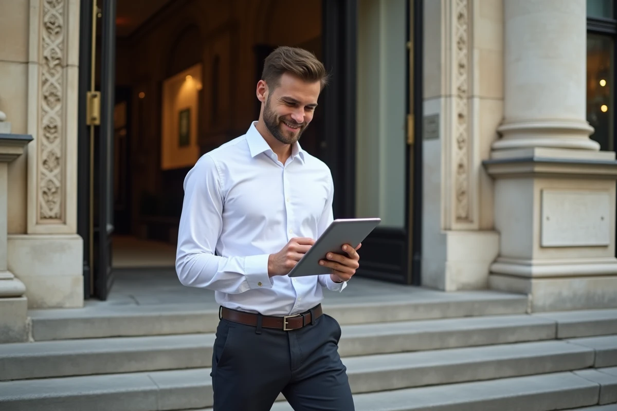 Jeune homme sortant de la banque historique à Paris