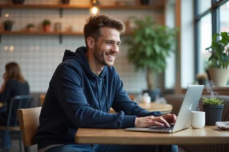 Jeune homme souriant utilisant un ordinateur dans un café moderne