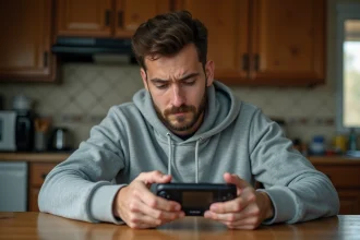Jeune homme inspectant une console rétro dans la cuisine