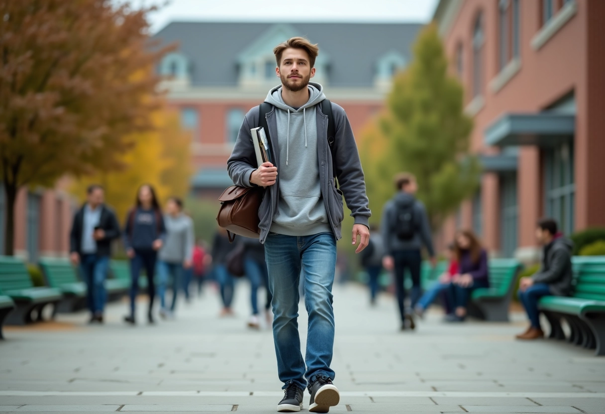 Jeune homme marche dans un campus universitaire dynamique