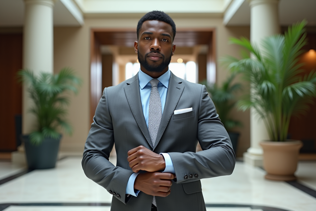 Jeune homme ajustant ses boutons de manchette dans le hall