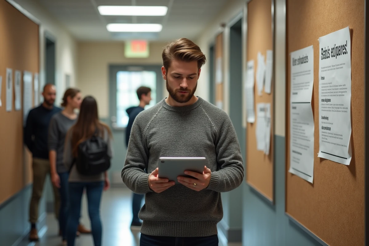 Jeune homme étudiant un guide de langue dans un couloir scolaire