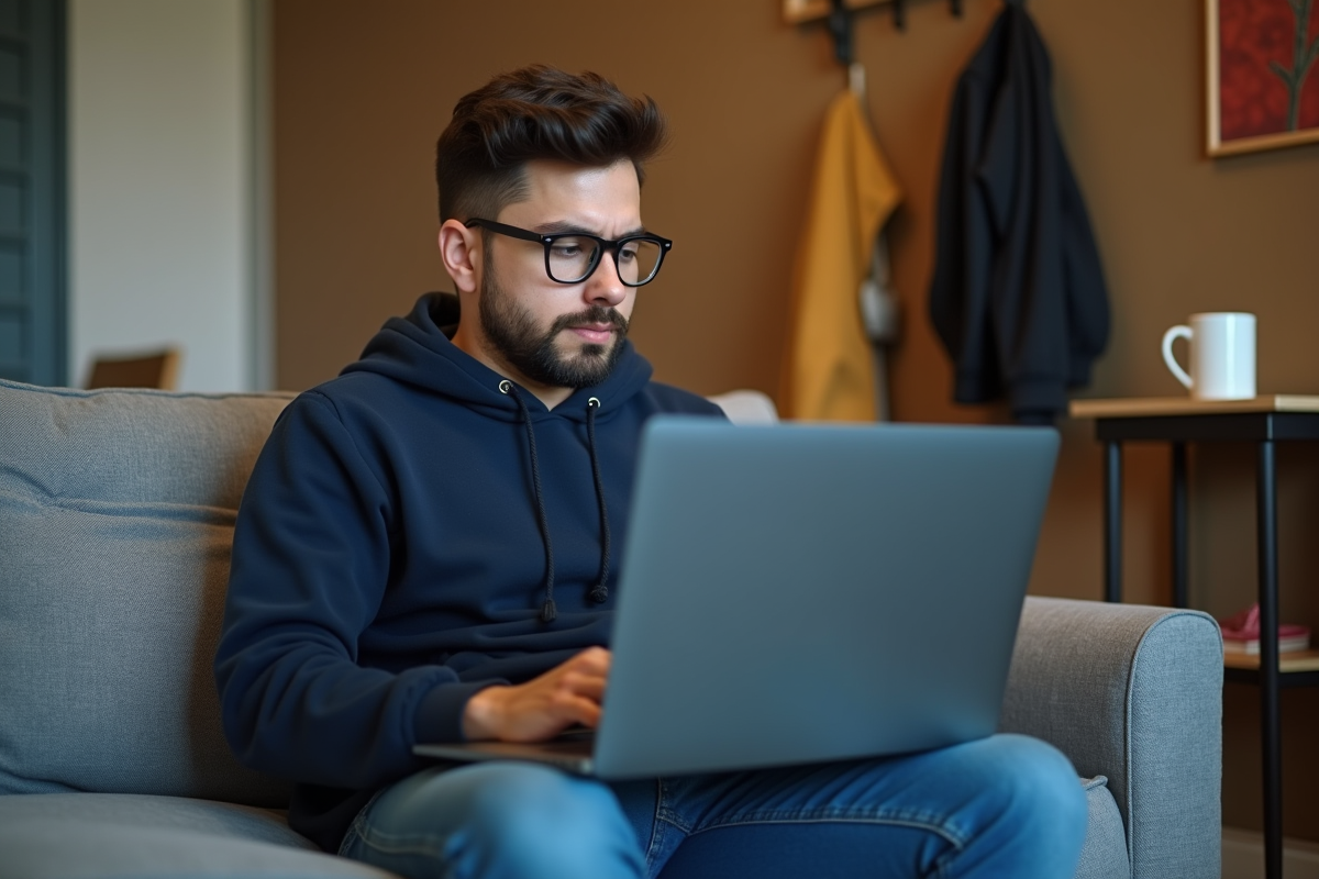 Jeune homme pensif avec ordinateur dans un salon urbain