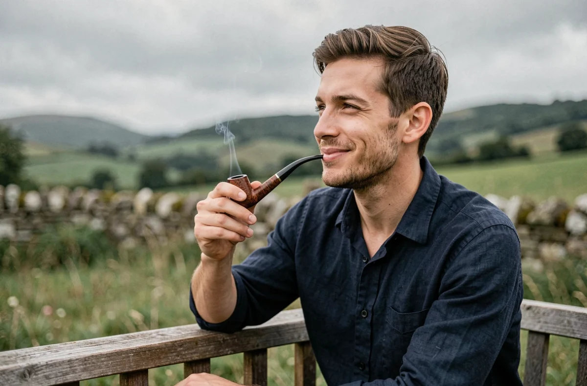 Jeune homme fumant une pipe churchwarden sur une terrasse en bois face à un paysage de campagne verdoyant
