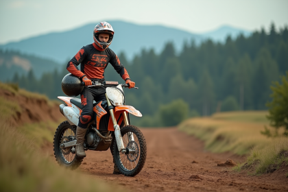Jeune homme en motocross avec moto sur terrain naturel