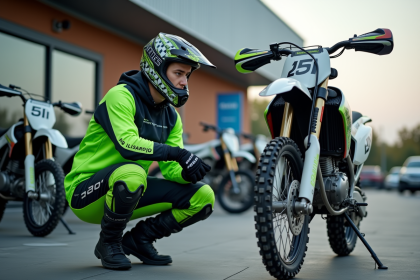 Jeune homme en motocross vert et noir près d'un vélo