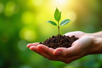 Jeune plante poussant dans la terre dans une main humaine